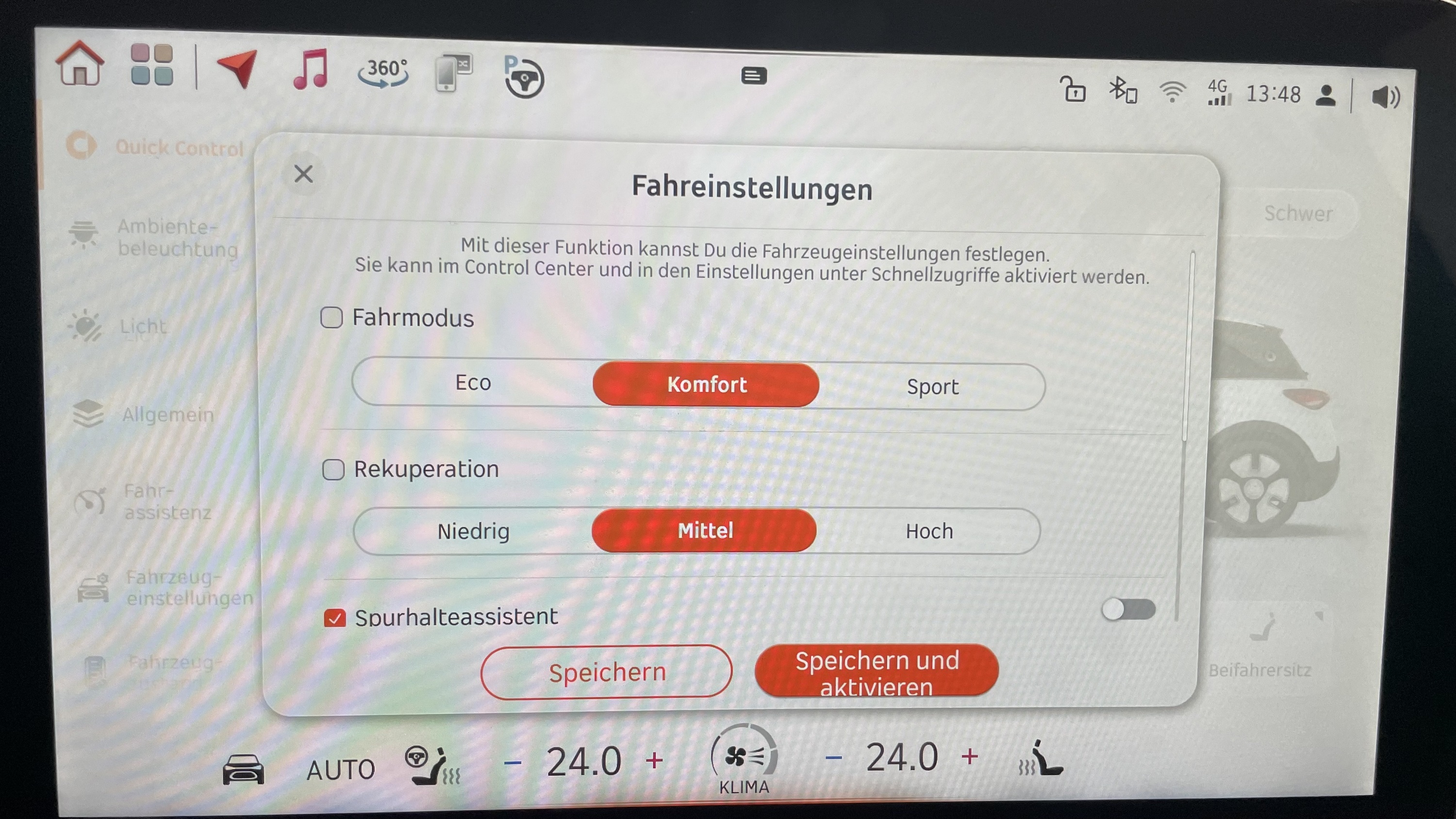 Fahreinstellungen des Shortcuts: links Option auswählen und rechts ein-/ausschalten (Seite 1)