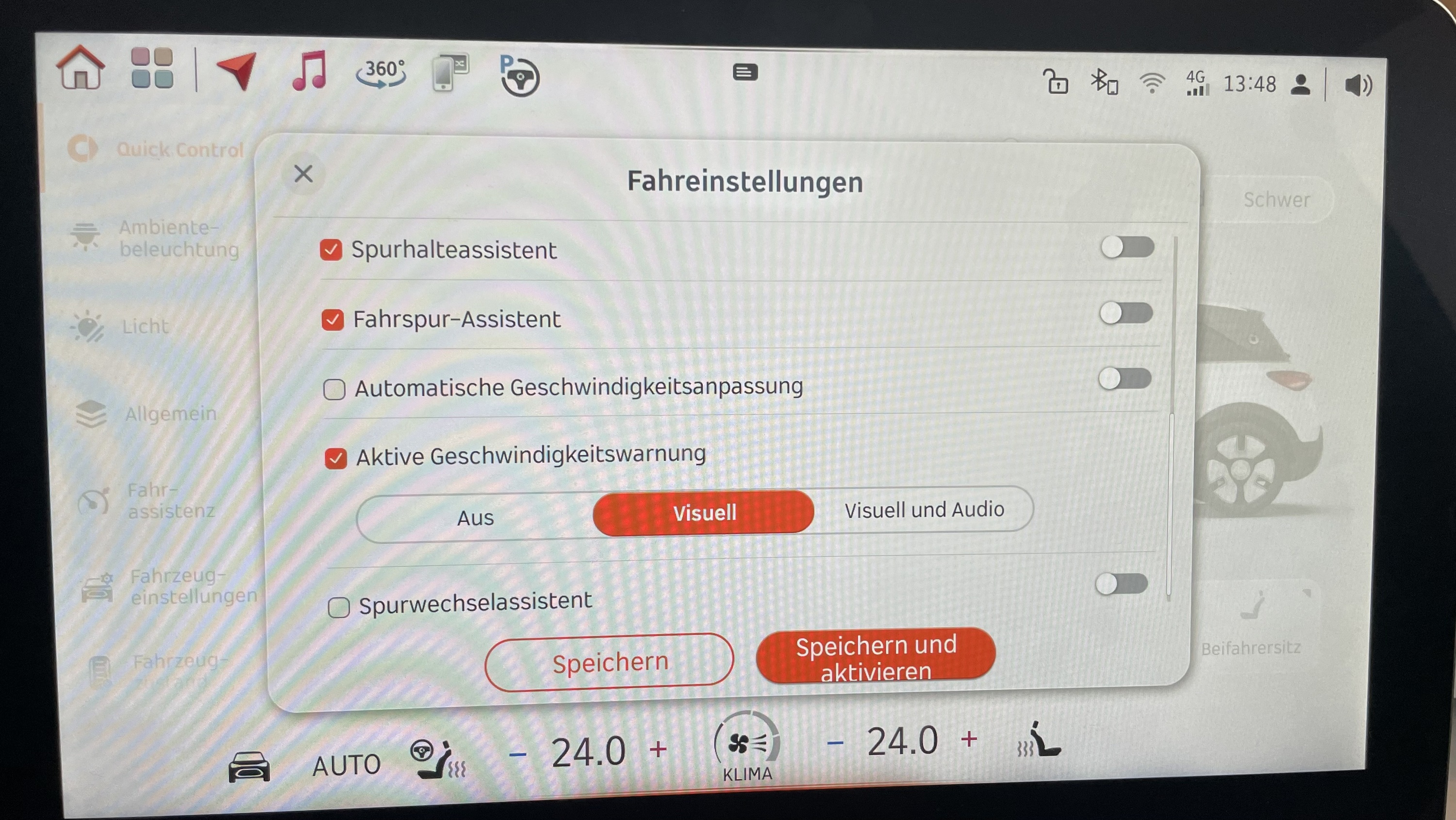 Fahreinstellungen des Shortcuts: links Option auswählen und rechts ein-/ausschalten (Seite 2)